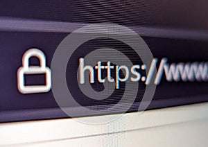 Closeup view of internet browser address bar with security lock icon and url