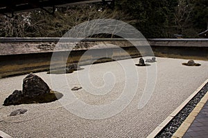 Closeup view of the Japanese Zen garden with pebbles and stones in Ryoanji, Kyoto, Japan