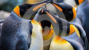 A closeup view of King penguins with their heads tucked in their beaks almost touching as they form a tight huddle to