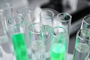 Closeup view of laboratory test tubes with reagents