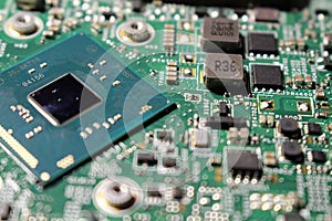 Closeup view at laptop motherboard and components