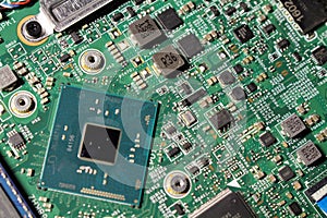 Closeup view at laptop motherboard and components