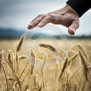 Closeup view of male hand making a protective gesture above golden ripening ears of wheat growing in the field