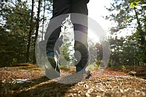 Closeup view on male hiker legs walking along forest paths