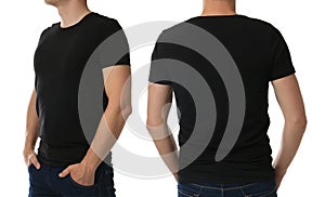Closeup view of man in black t-shirt on white background, collage. Space for design