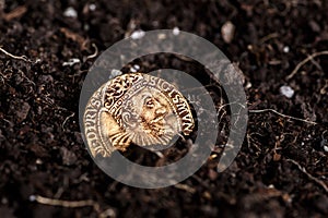 Closeup view of medieval European gold and silver coins.Old Polish coins.Zygmunt III Waza.Ancient gold and silver coins.