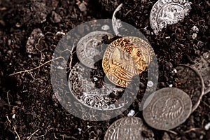 Closeup view of medieval European gold and silver coins.Old Polish coins.Zygmunt III Waza.Ancient gold and silver coins.