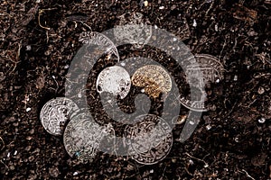 Closeup view of medieval European gold and silver coins.Old Polish coins.Zygmunt III Waza.Ancient gold and silver coins.