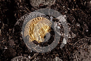 Closeup view of medieval European gold and silver coins.Old Polish coins.Zygmunt III Waza.Ancient gold and silver coins.