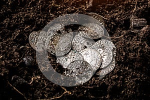 Closeup view of medieval European gold and silver coins.Old Polish coins.Zygmunt III Waza.Ancient gold and silver coins.