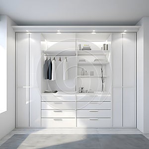 Closeup view on minimalistic modern scandinavian white wood walk in closet with wardrobe in neutral beige colors