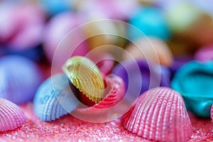 Closeup View of Multi Colored Small Seashells on Glitter