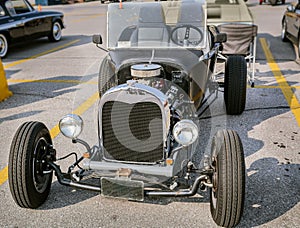 Closeup view of old classic retro vintage hot rod car