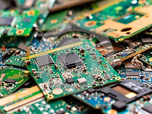 Closeup view of old electronic devices, chipsets. E waste and recycling concept photo