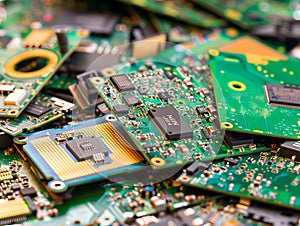 Closeup view of old electronic devices, chipsets. E waste and recycling concept photo