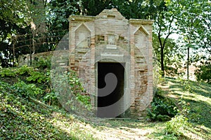 Closeup view of an old tunnel building