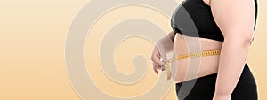 Closeup view of overweight woman with measuring tape on background, space for text. Banner design