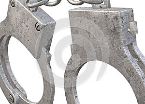 Closeup view of a pair of handcuffs against a white backdrop