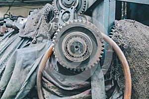 Closeup view of pile of old rusty metal scrap and used spare parts, disassembly. Old car parts suitable for future use.