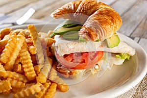 plate of avocado turkey croissant sandwich