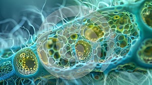 A closeup view of a pollen grain split open revealing its inner structure of tiny cells and membranes. The image appears