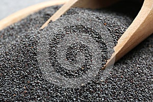 Closeup view of poppy seeds and wooden scoop