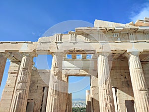 A closeup view of the Propylaia (Gates) in Athens, Greece.