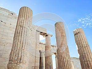 A closeup view of the Propylaia (Gates) in Athens, Greece.