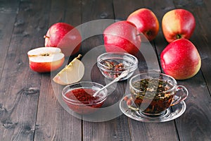 Closeup view of raspberry jam and herbal tea