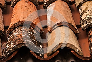 A closeup view of a red tiled roof`s fragment, Croatia.