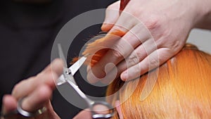 Closeup view of redhead woman`s hair being cut by a professional hairdresser in beauty salon. Male hands holding a hair
