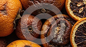 Closeup view of rotting oranges revealing mold and decay effects photo