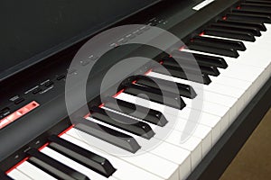 A closeup view of the set of keys on a music keyboard instrument