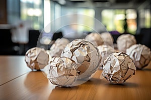 Closeup View of Several Crumpled Wrinkled Paper Balls on a Office Desk AI Generative