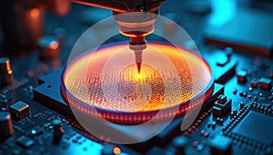 Closeup view of silicon wafer on tech fabrication line. Intricate patterns glow orange under vibrant lighting. Advanced tech photo