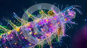 A closeup view of a single dazzlingly colorful plankton its body woven with intricate neon patterns and shades of purple