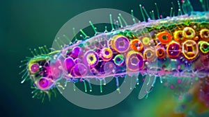 A closeup view of a single dazzlingly colorful plankton its body woven with intricate neon patterns and shades of purple