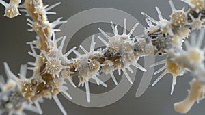 A closeup view of a single fungal hyphae revealing its spiky texture and the branching patterns it has formed. . photo