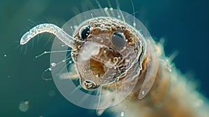 A closeup view of a single nematode its body covered in tiny hairs and its mouth open to feed on microscopic particles