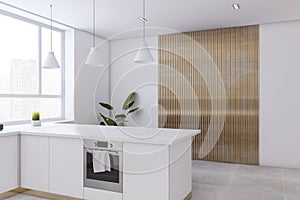 Closeup view of spacious empty kitchen interior with ceramic tiles floor and white walls. 3D Rendering
