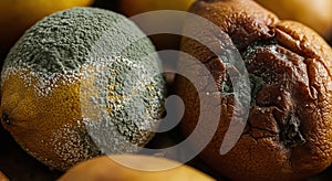 Moldy fruits showing signs of decay and decomposition in closeup photo