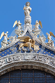 Closeup view of the statues Cathedral of San Marco, Venice