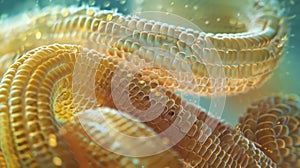 A closeup view of a tapeworm with its extensive network of segments visible under a microscope. The thin wormlike body photo