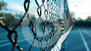 A closeup view of a tennis courts net partially obstructed by the blurred movement of a player swinging their racket photo