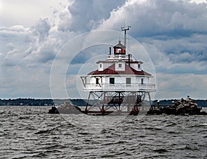 Closeup view of the Thomas Point Shoal Lighthouse on the Chesapeake Bay in Maryland