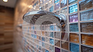 A closeup view of a tiled bathroom wall showcasing the meticulous grouting between each tile creating a cohesive and photo