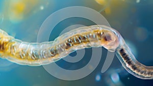 A closeup view of a tiny nematode its long slender body writhing in a seemingly endless dance under the microscope. Its