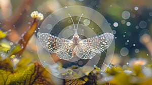 A closeup view of a tiny organism resembling a regal butterfly with intricately patterned wings and delicate antenna