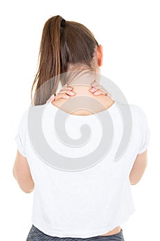 Closeup view tired slim young woman female massaging her neck