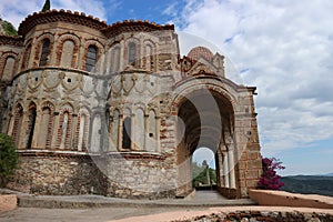 Closeup view to byzantium Pantanassa`s Monastery in ancient abandoned city Mystras, Peloponnese, Greece